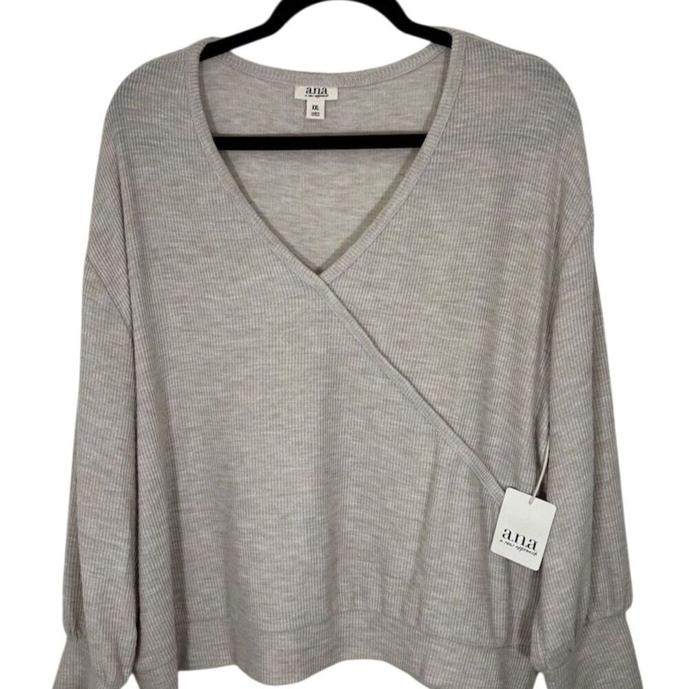 A.N.A. Women's 2XL Beige V-Neck Long Sleeve Faux Wrap Sweater
